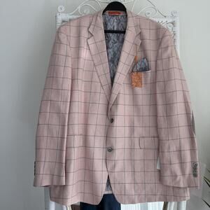 Tallia Sport Coat Men 48L Pink Windowpane Linen Blazer Elbow Patch Dinner Jacket